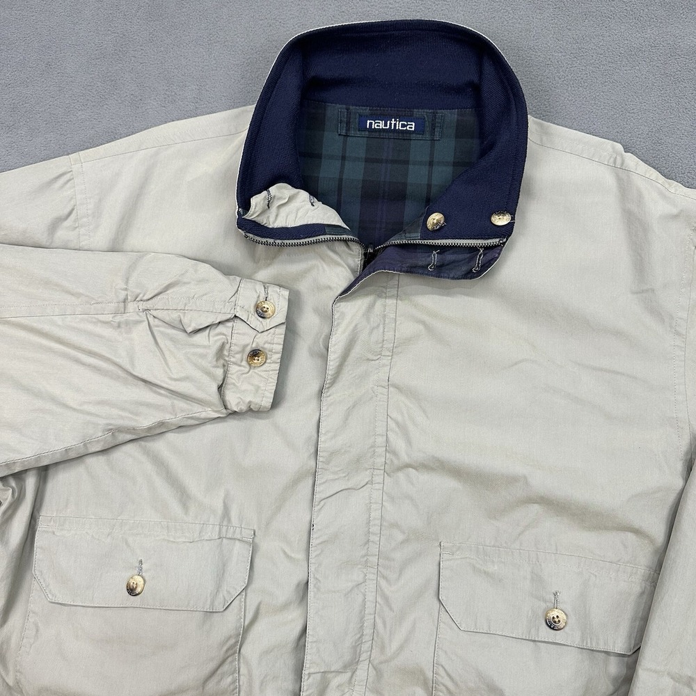 VTG 90s Nautica Reversible Bomber Golf Jacket Sz XL Blackwatch Plaid Khaki